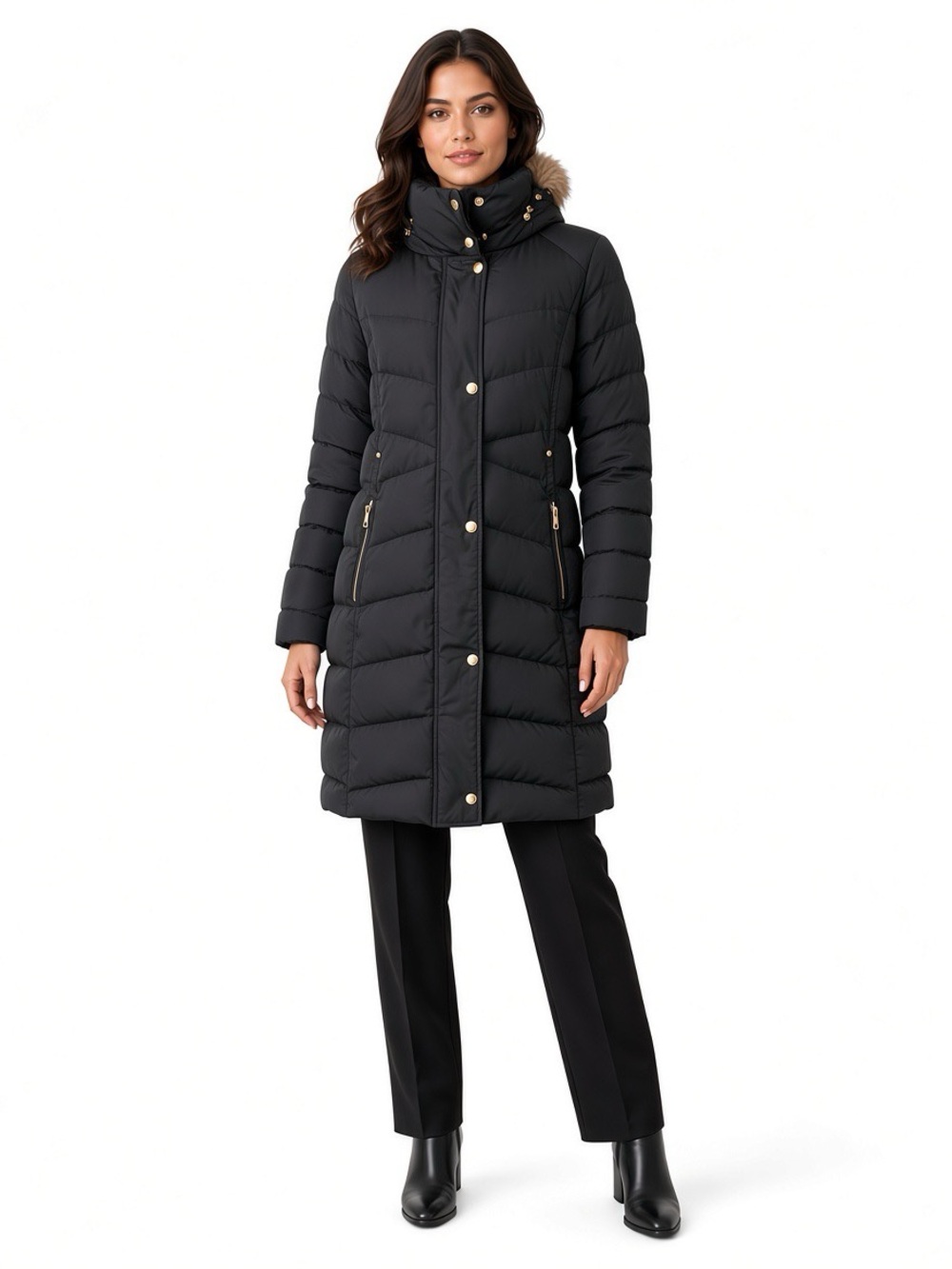 Cole Haan Black Long Quilted Puffer Coat with High Collar Down Feathers SZ M